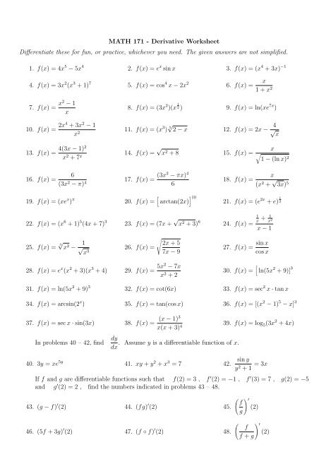 Calculus Worksheets Differentiation Rules Worksheets Worksheets Library