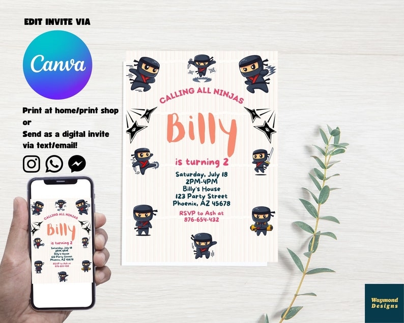 CANVA Invite Template Editable Ninja Birthday Invitation Digital Kids