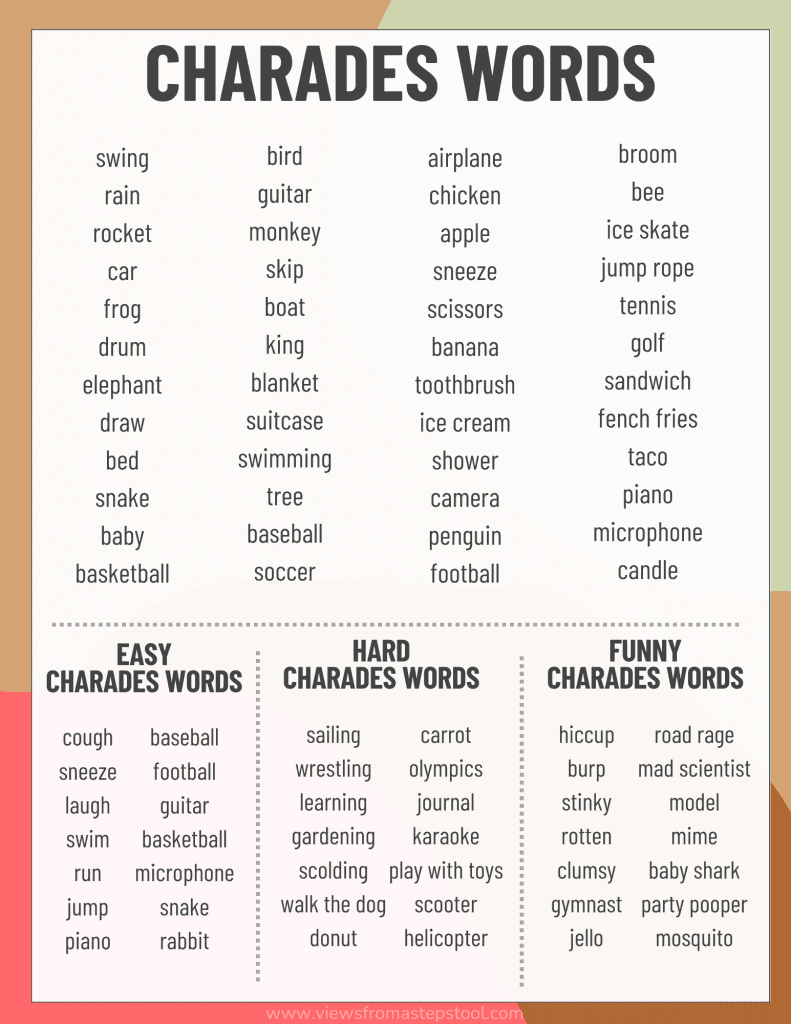 Charades Ideas For Families Printable Word List Charades Words 