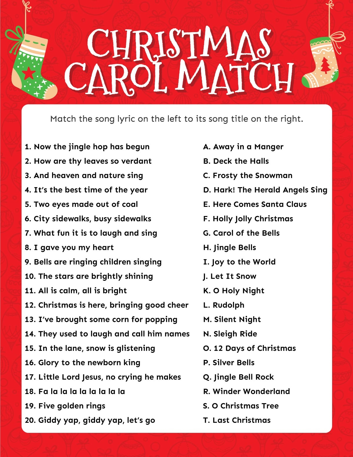 Christmas Carol Games Printable With Answers FREE Printable A Z