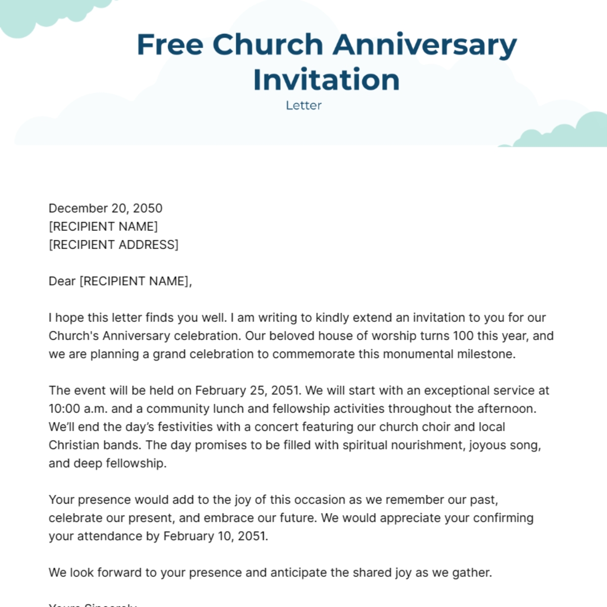 Church Anniversary Invitation Letter Template Edit Online Download