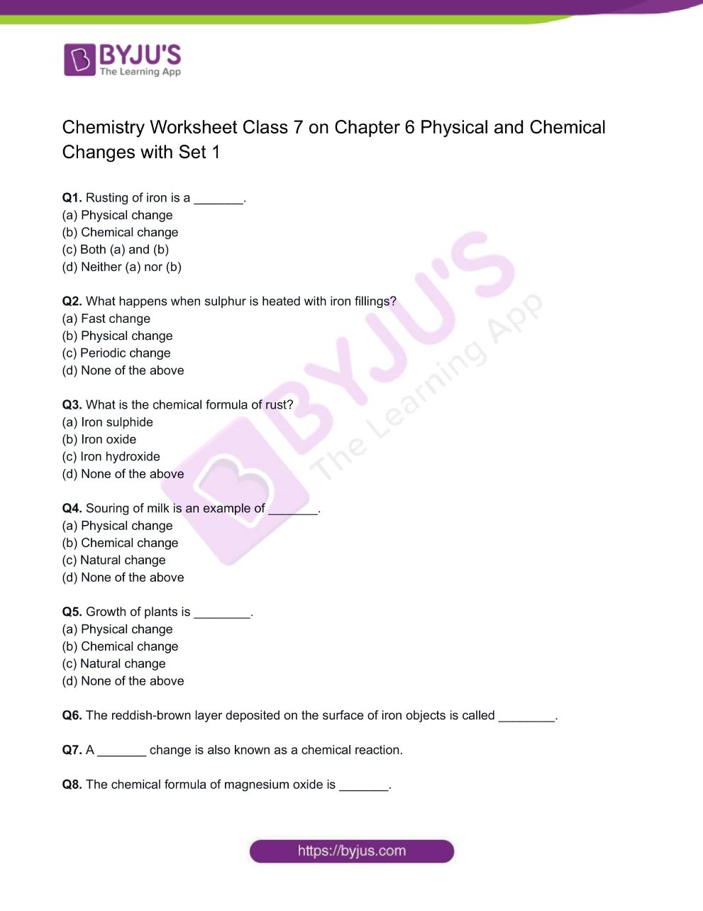 Class 7 Chemistry Worksheet On Chapter 6 Physical And Chemical 