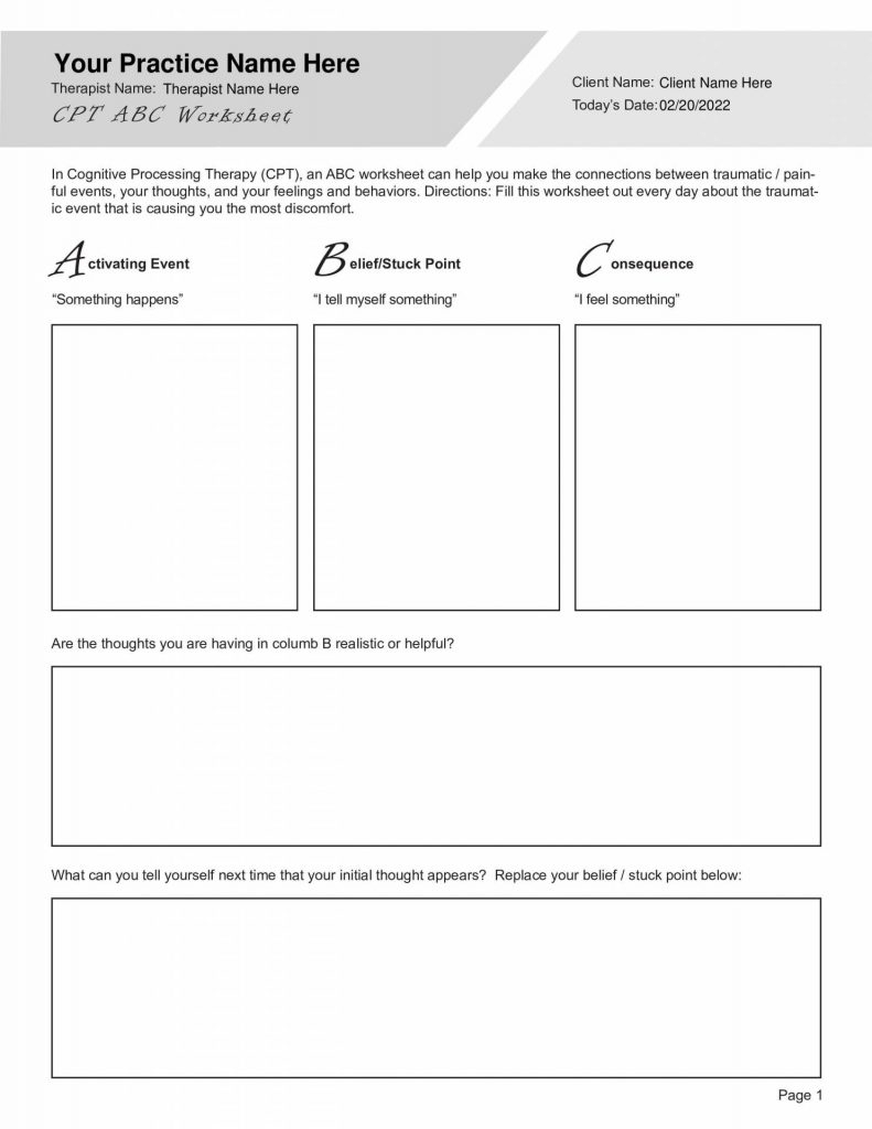 Cognitive Processing Therapy CPT Worksheets Bundle Editable 