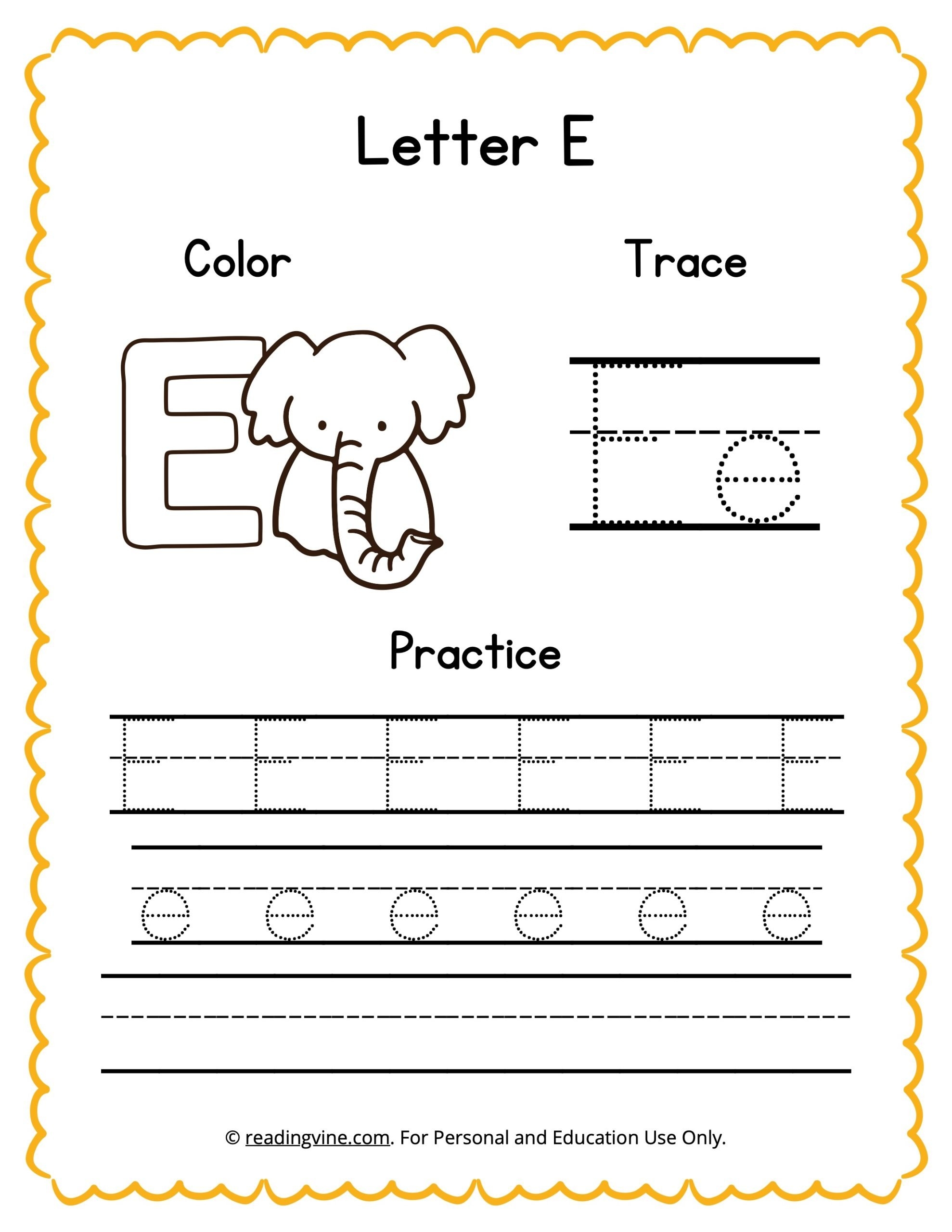 Color Trace And Write The Letter E Worksheet image ReadingVine