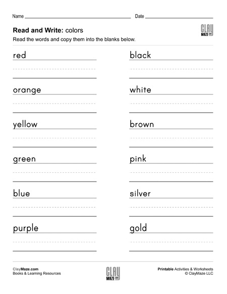 color words worksheets