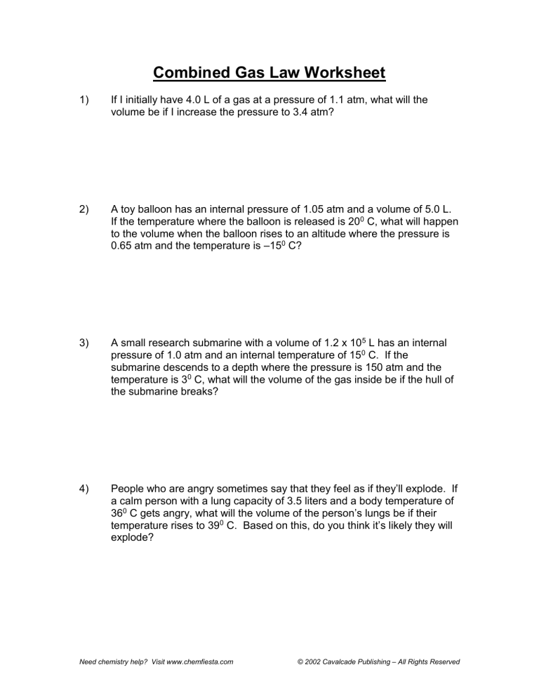 Combined Gas Law Worksheet Practice Problems