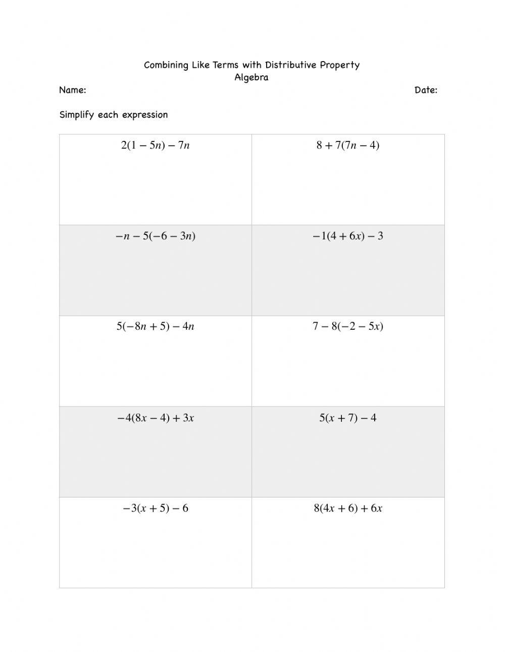 Combining Like Terms With Distributive Property Practice Worksheet 