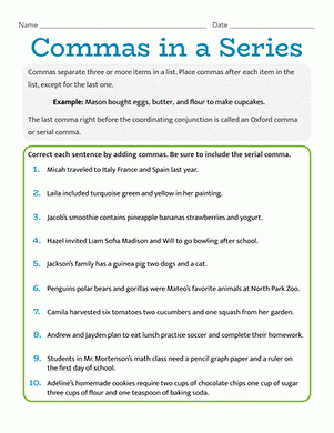 commas in a series worksheet