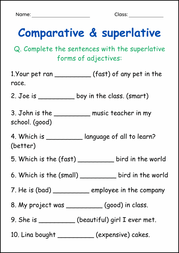 Comparative And Superlative Adjectives Worksheets Matching