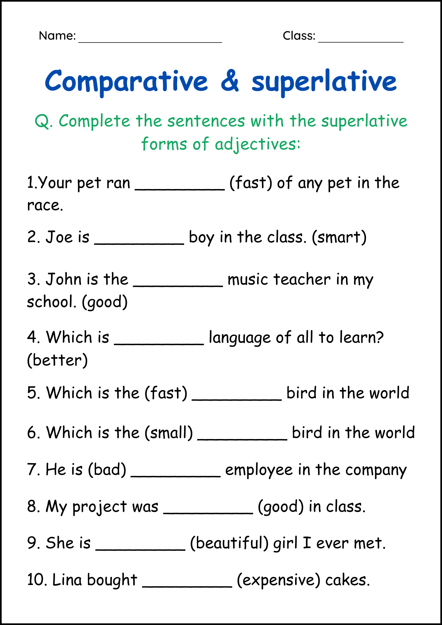 Comparative And Superlative Adjectives Worksheets Matching 