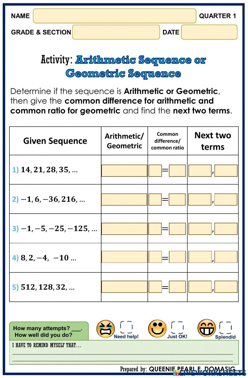 Comparing Arithmetic And Geometric Sequences Worksheet For 9th 