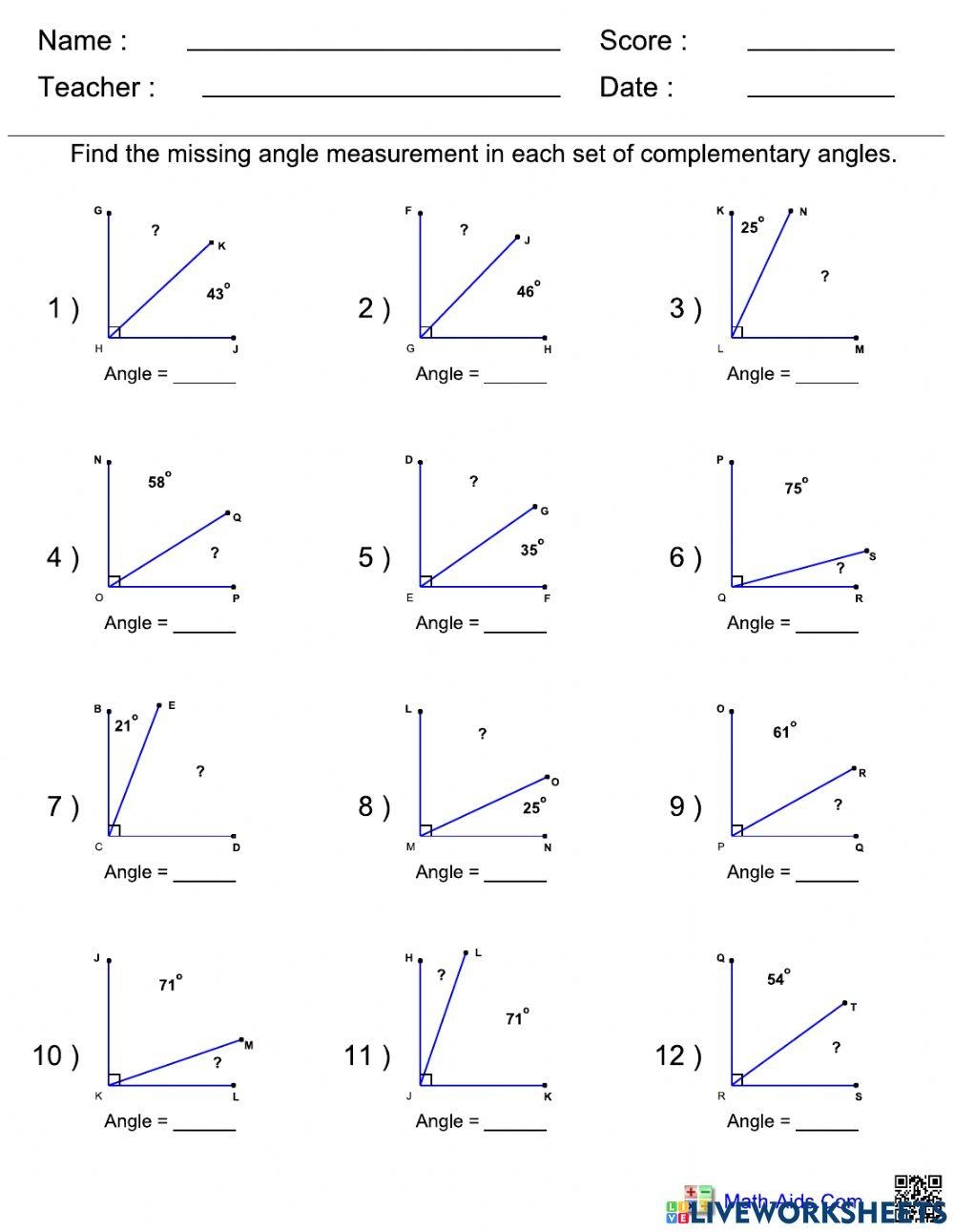 Complementary Angles Interactive Worksheet Live Worksheets 