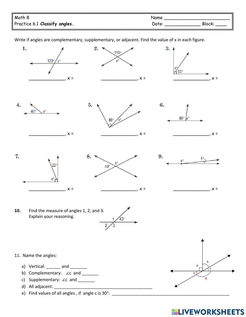 Complementary Supplementary And Vertical Angles Practice 