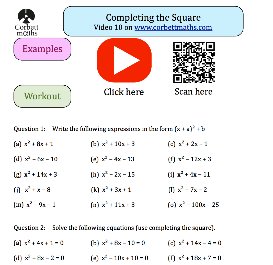 worksheet completing the square