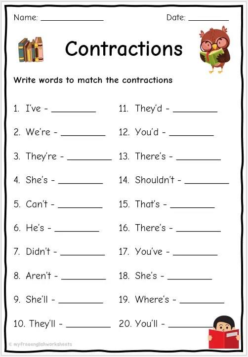 Contractions Worksheet Grammar Printable PDF For Kids Worksheets Library