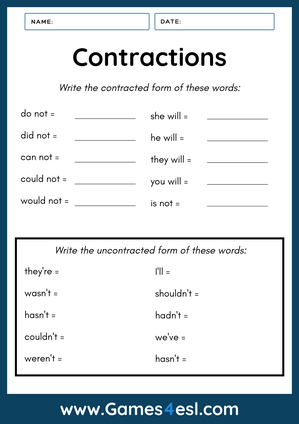 Contractions Worksheet Grammar Printable PDF For Kids Worksheets Library