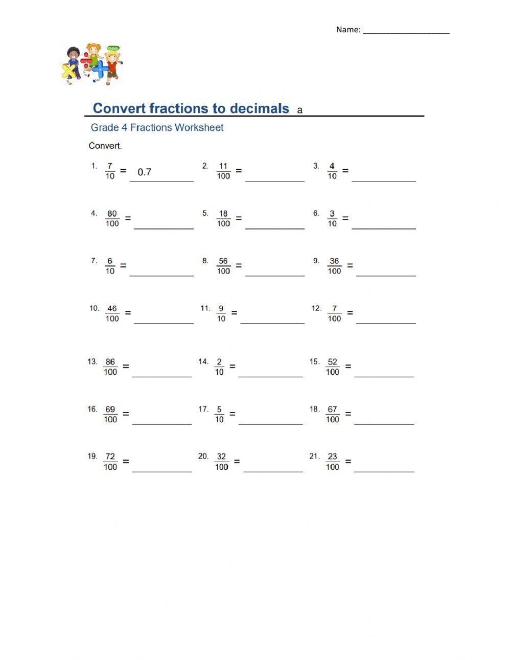Convert Fractions To Decimals Interactive Worksheet Live Worksheets 