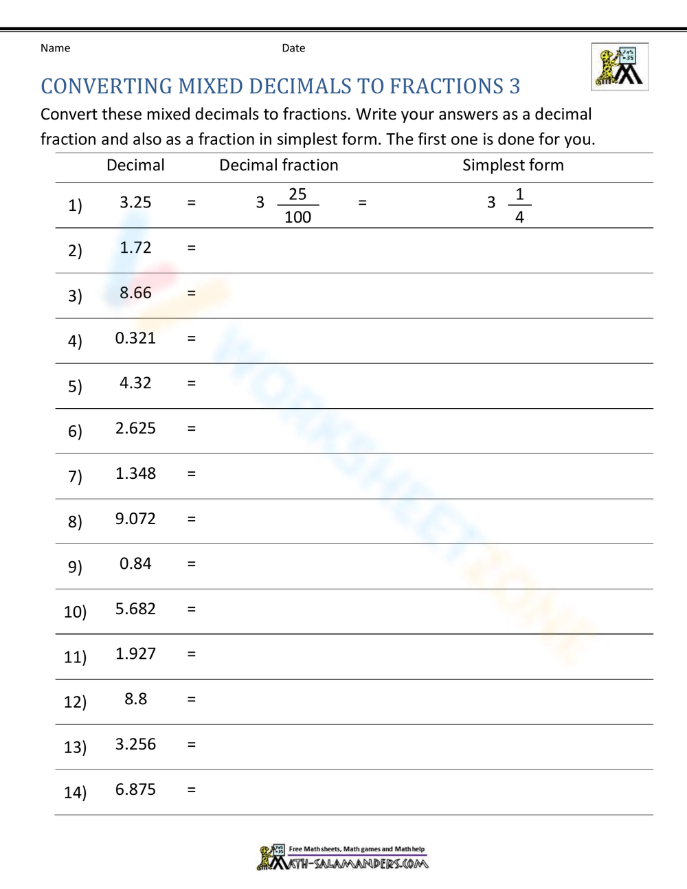 converting fractions and decimals worksheet