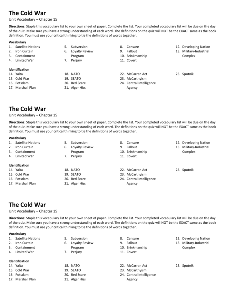 Course Hero Vocabulary Worksheet Cold War Vocabulary War Voc