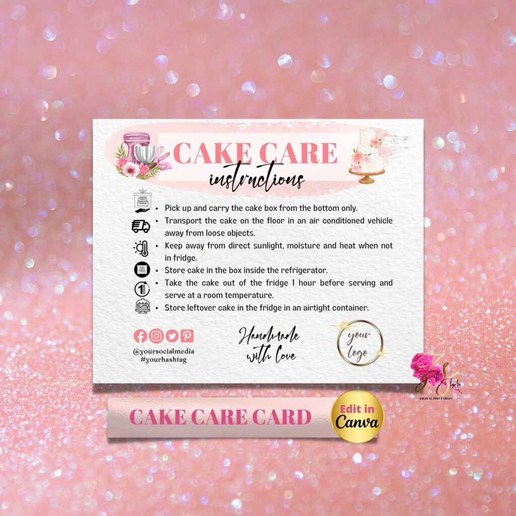 Custom Cake Editable Care Card Printable Cake Care Template Wedding
