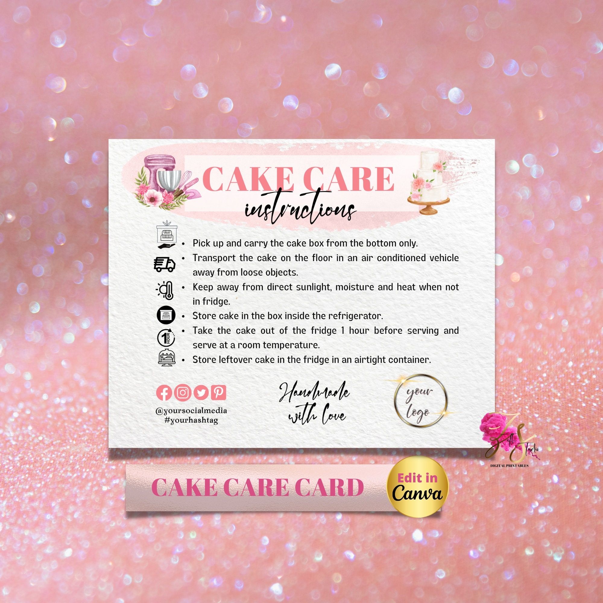 Custom Cake Editable Care Card Printable Cake Care Template Wedding 