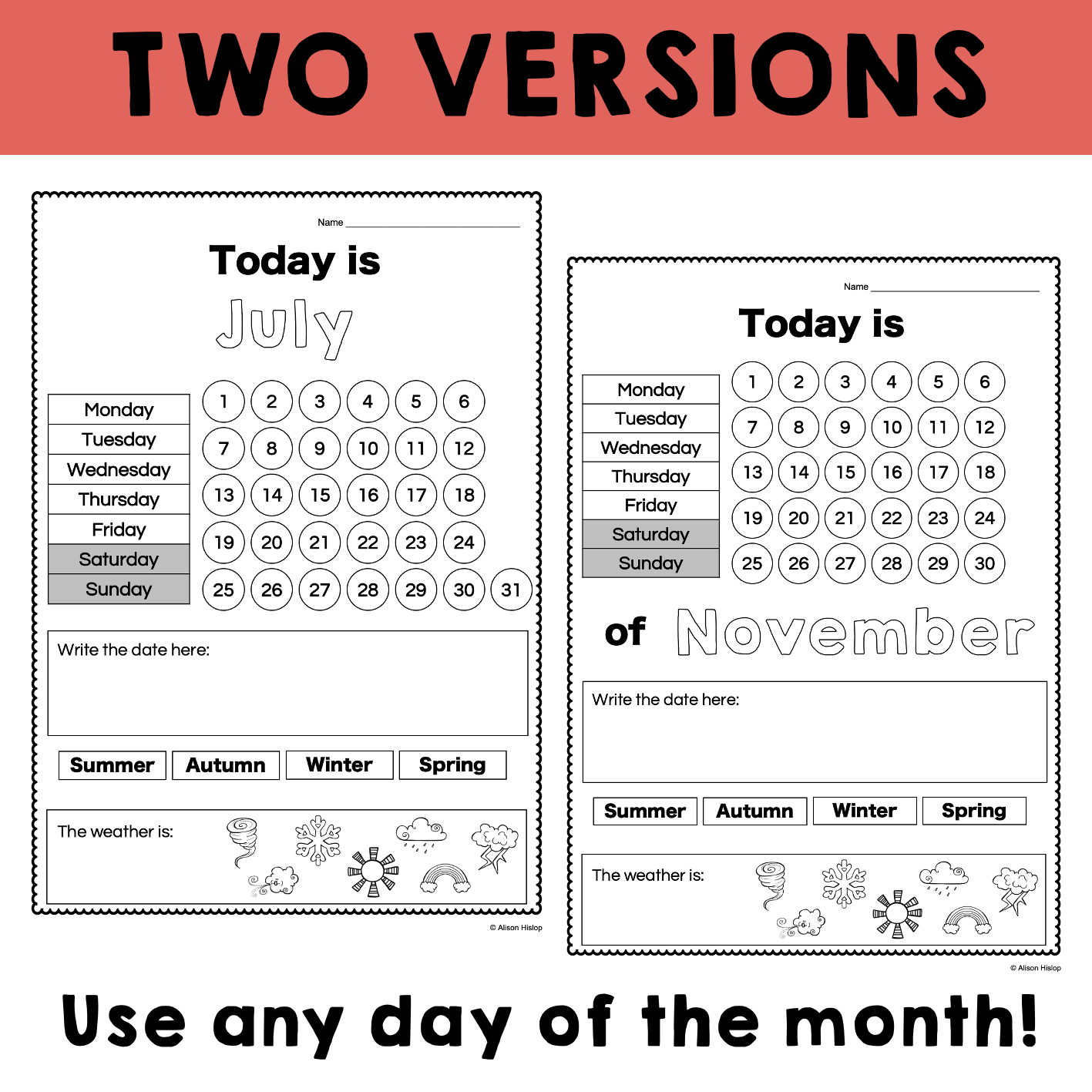Daily Calendar Worksheets Including Dates Days Months Seasons 