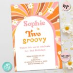 Daisy Two Groovy Editable Birthday Invitation Retro Daisy Etsy In