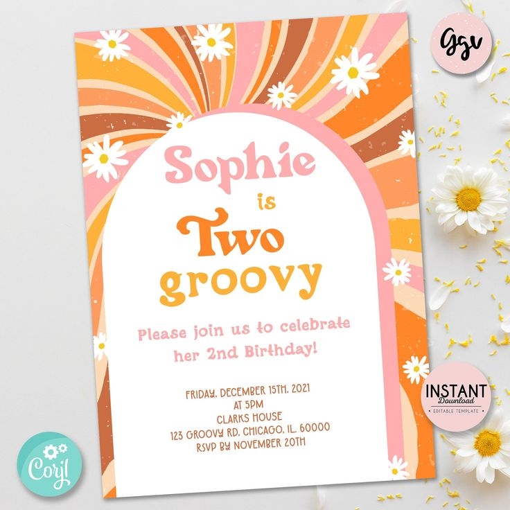 Daisy Two Groovy Editable Birthday Invitation Retro Daisy Etsy In