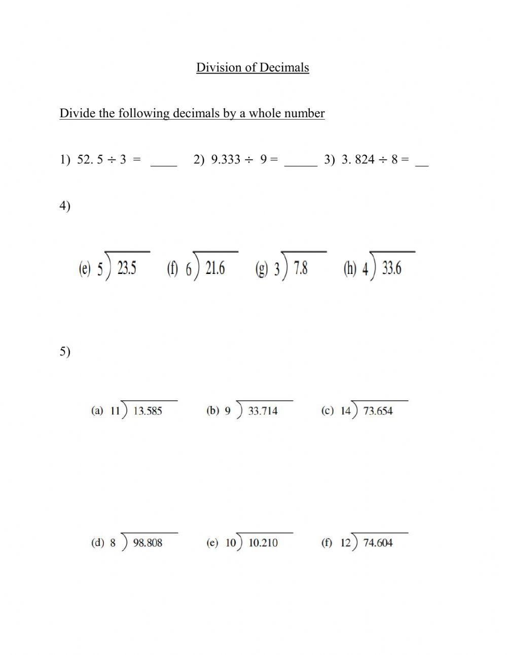 Dividing Decimals By Whole Numbers Interactive Worksheet Live 