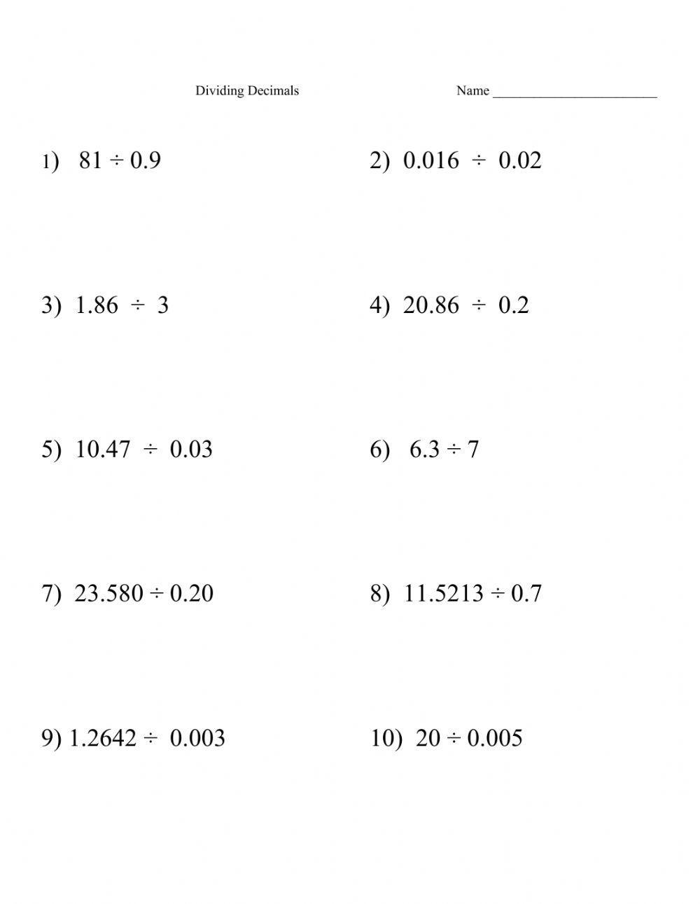 division of decimals worksheets