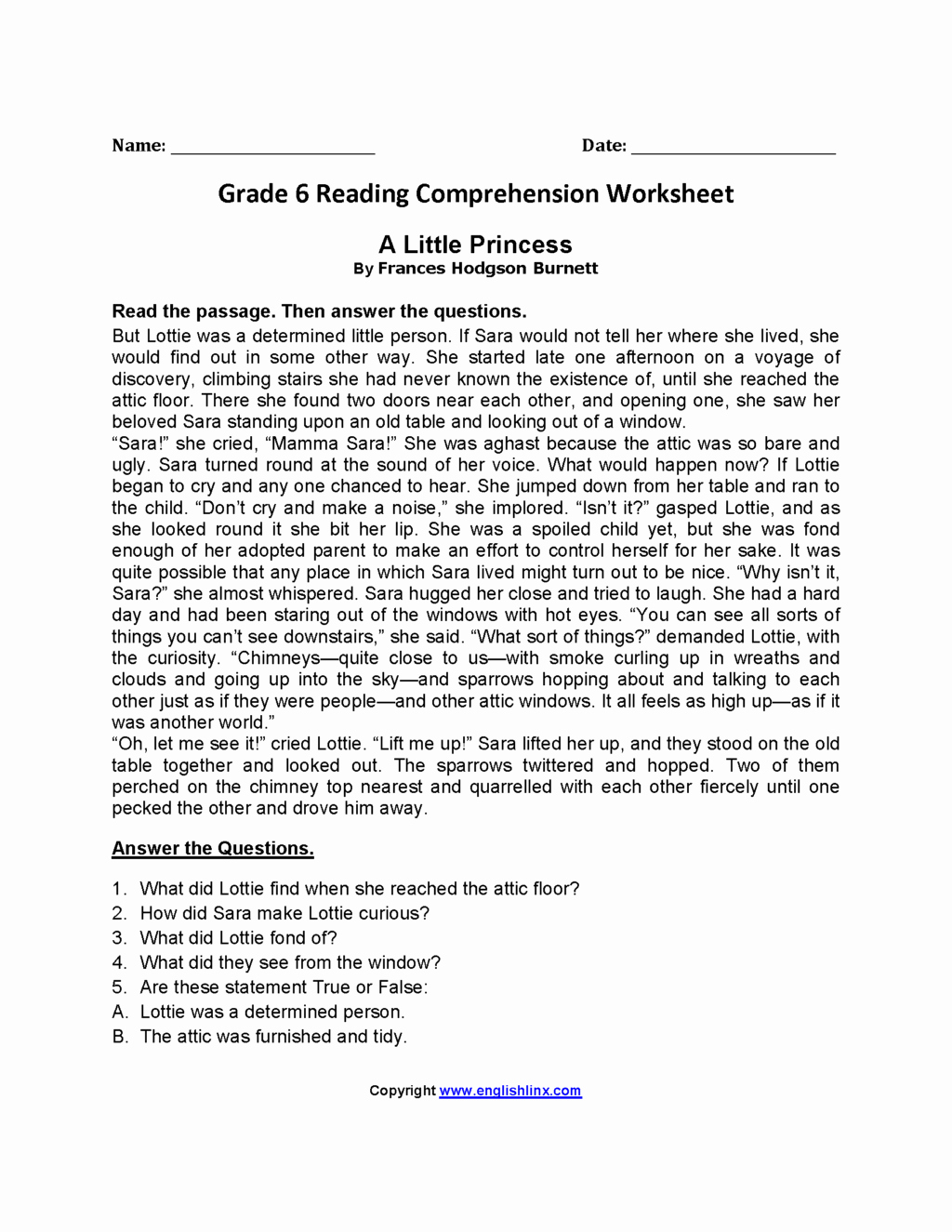 6th grade comprehension worksheets