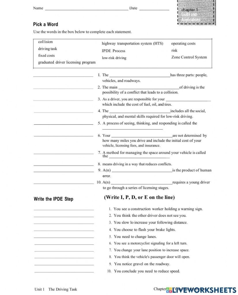 Drivers Ed Chapter 1 Worksheet Online Exercise For Live Worksheets