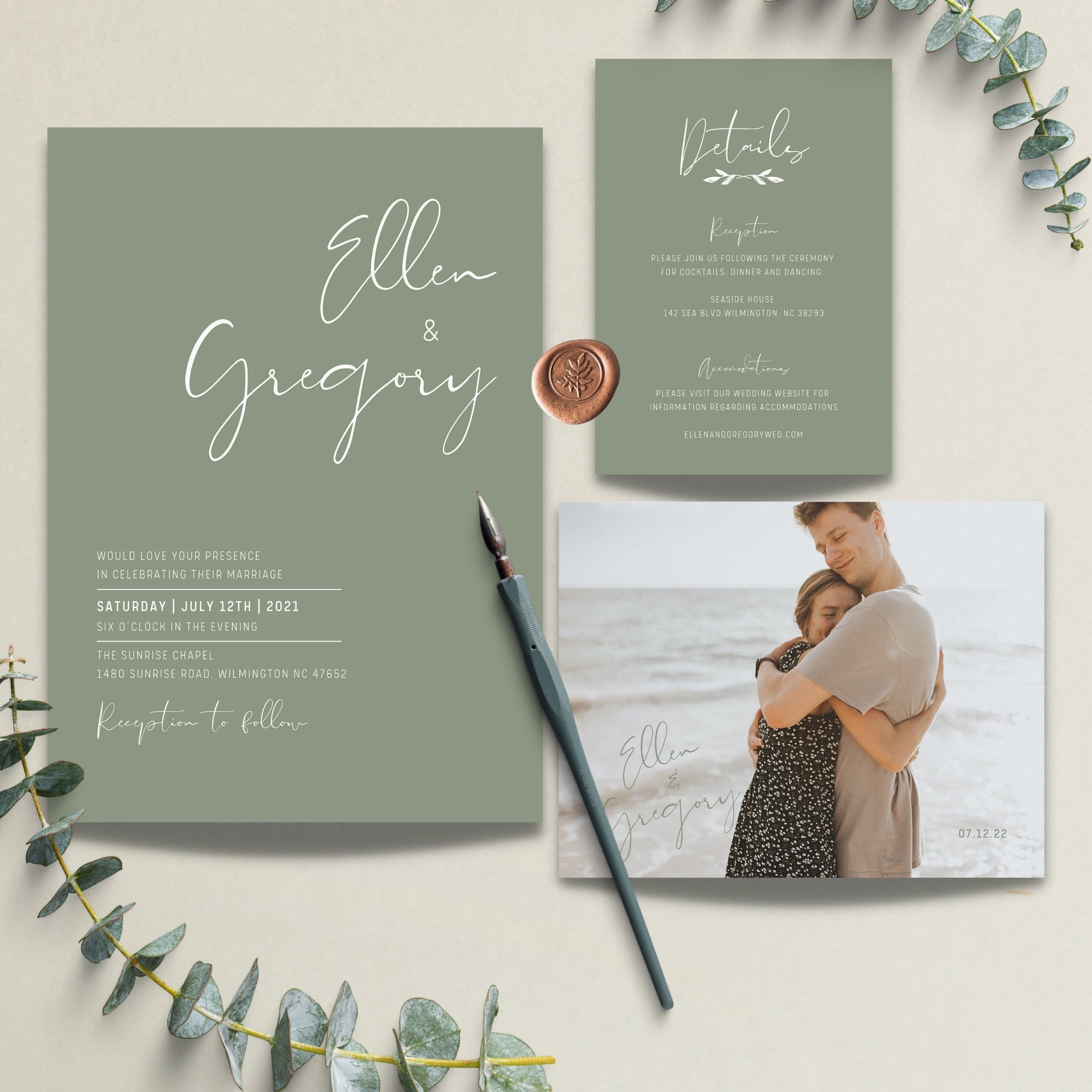 Eden Sage Green Minimalist Wedding Invitation Template Set Etsy 