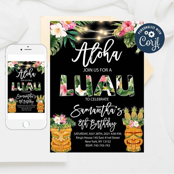 Editable Hawaiian Aloha Birthday Invitation Luau Birthday Invitation 