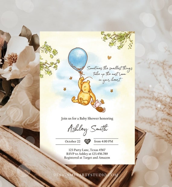 Editable Winnie The Pooh Baby Shower Invitation Boy Blue Rustic Classic 