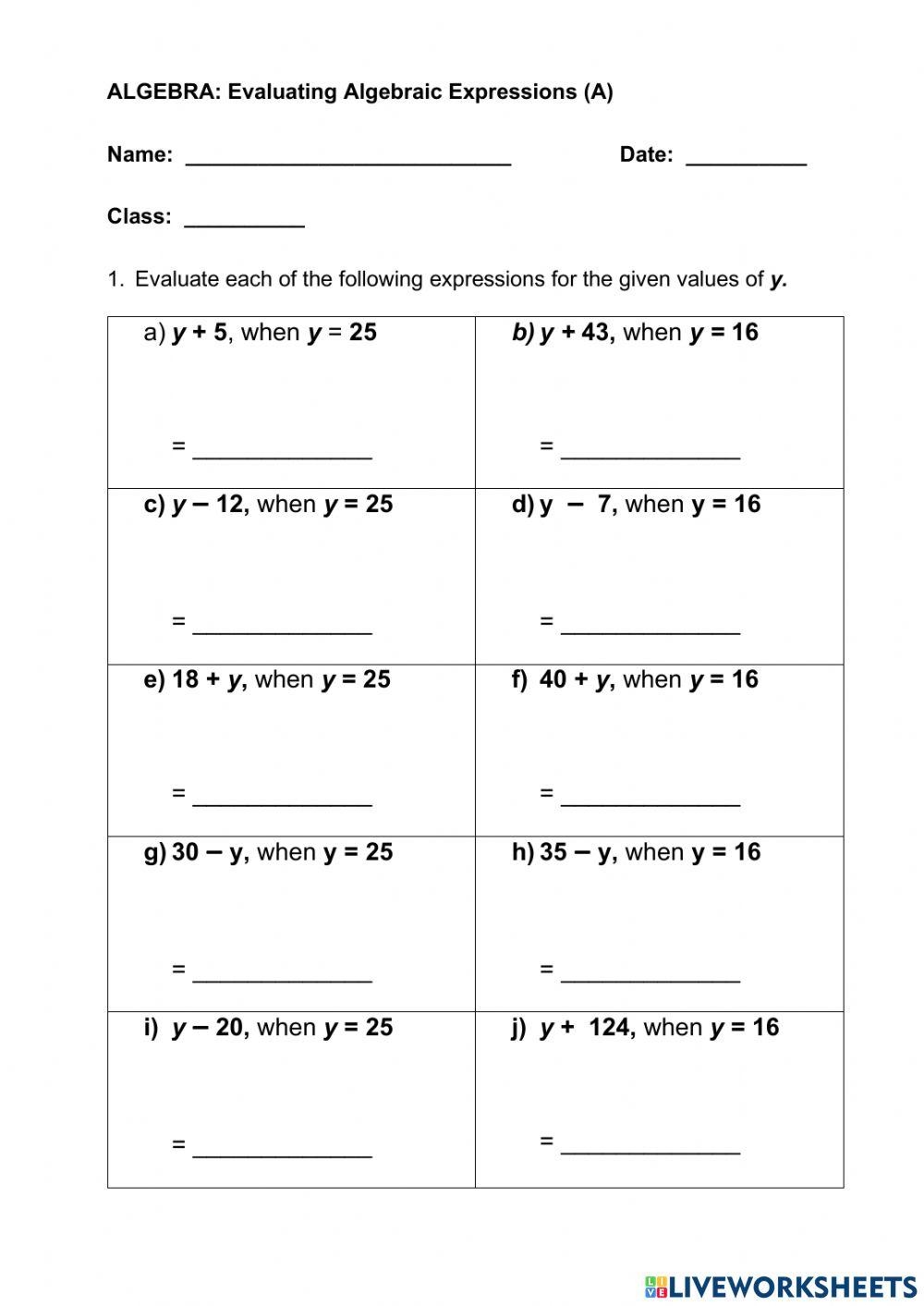 Evaluating Algebraic Expression A Online Exercise For Live