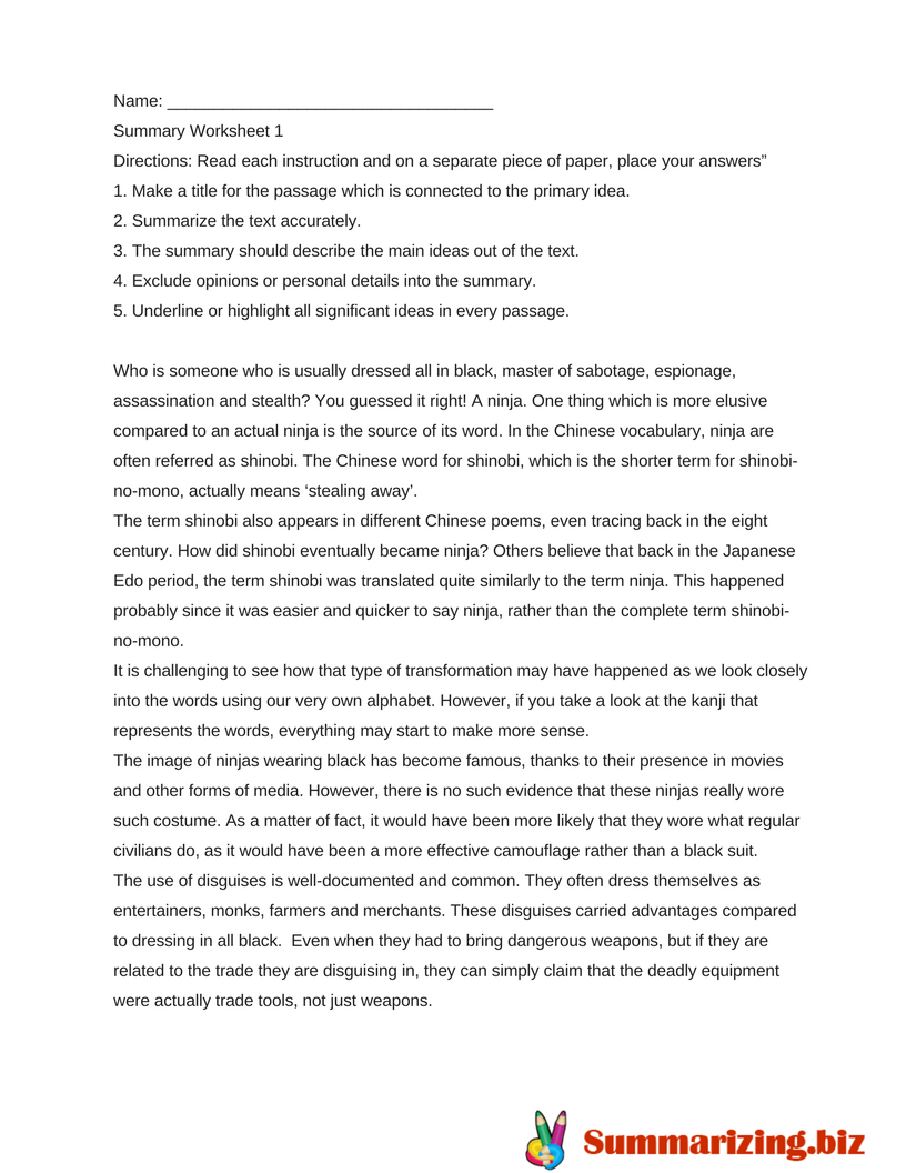 summarizing worksheets
