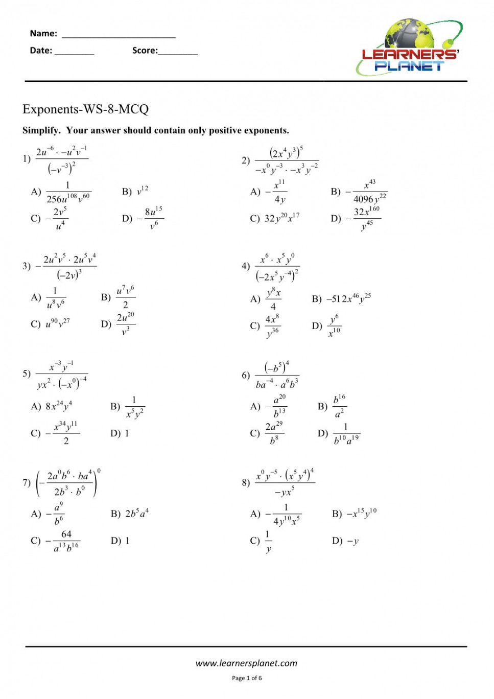 Exponents Worksheet Grade 8 Pdf Printable PDF Template