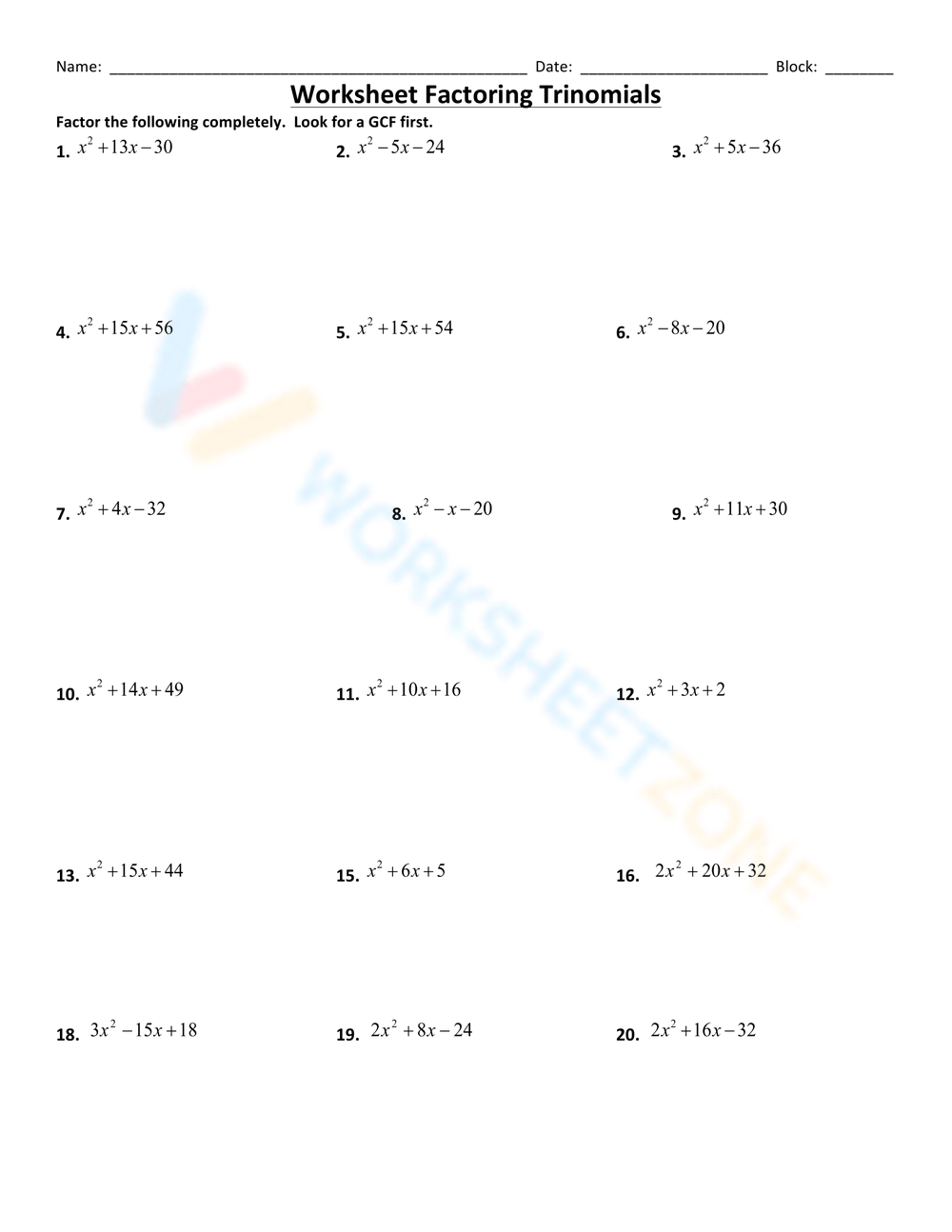 worksheets on factoring trinomials