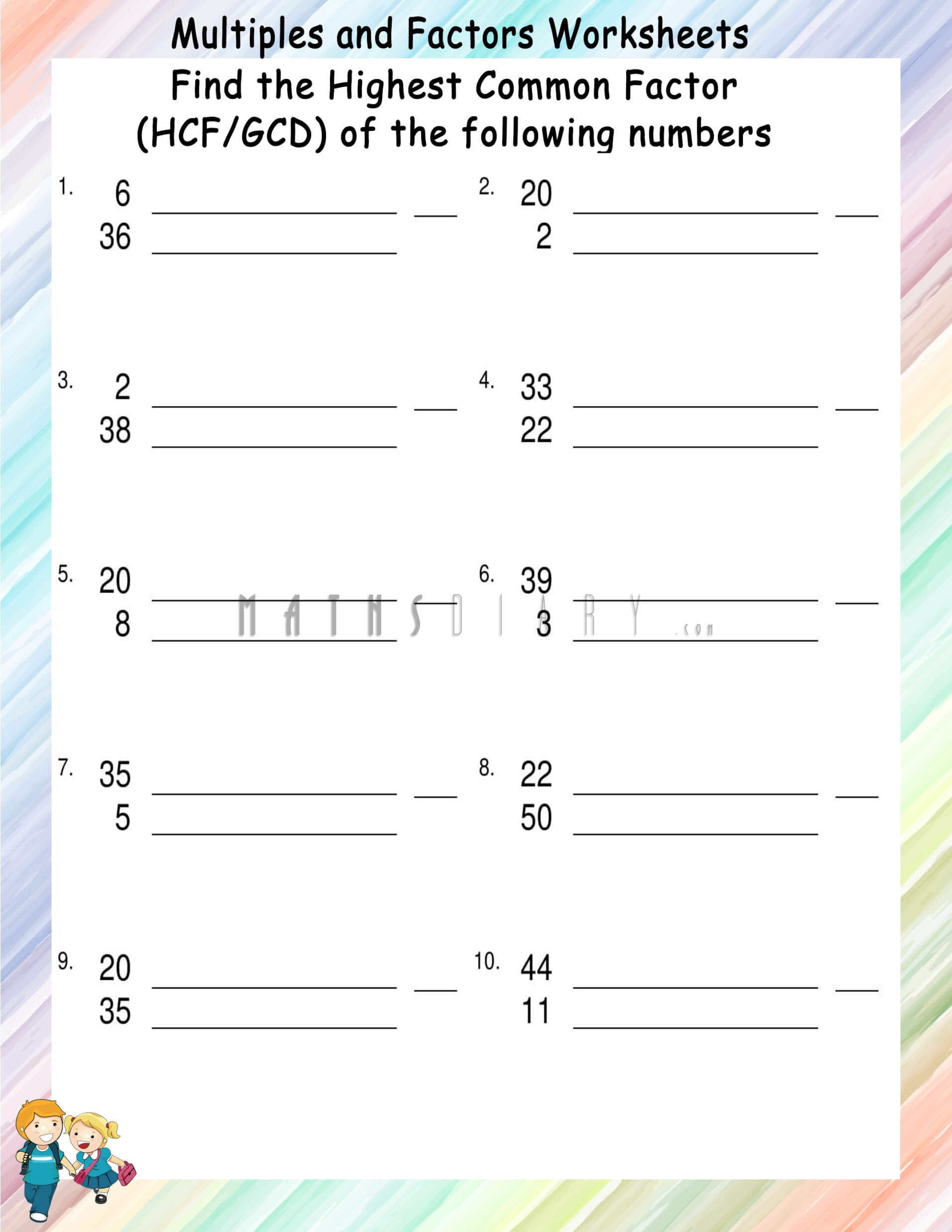 Finding Greatest Common Factors GCF HCF Worksheets Math 55 OFF
