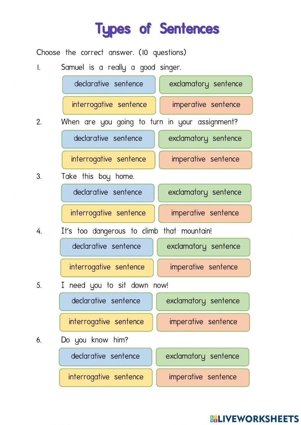 Four Main Types Of Sentences Worksheet Live Worksheets Worksheets 