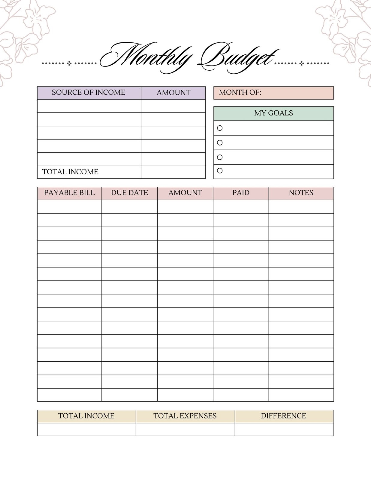 printable monthly budget worksheet pdf