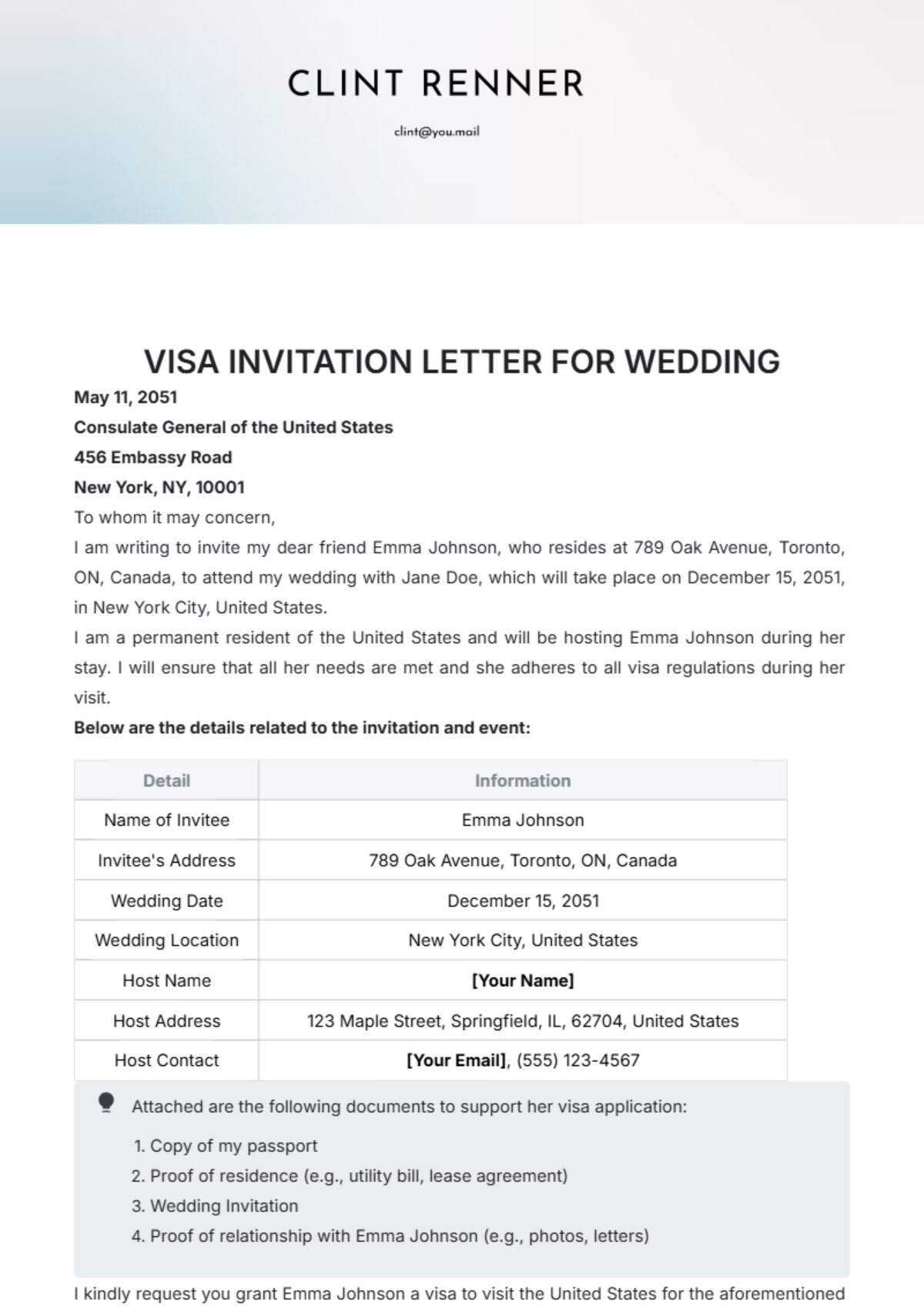 invitation letter template for canadian visa
