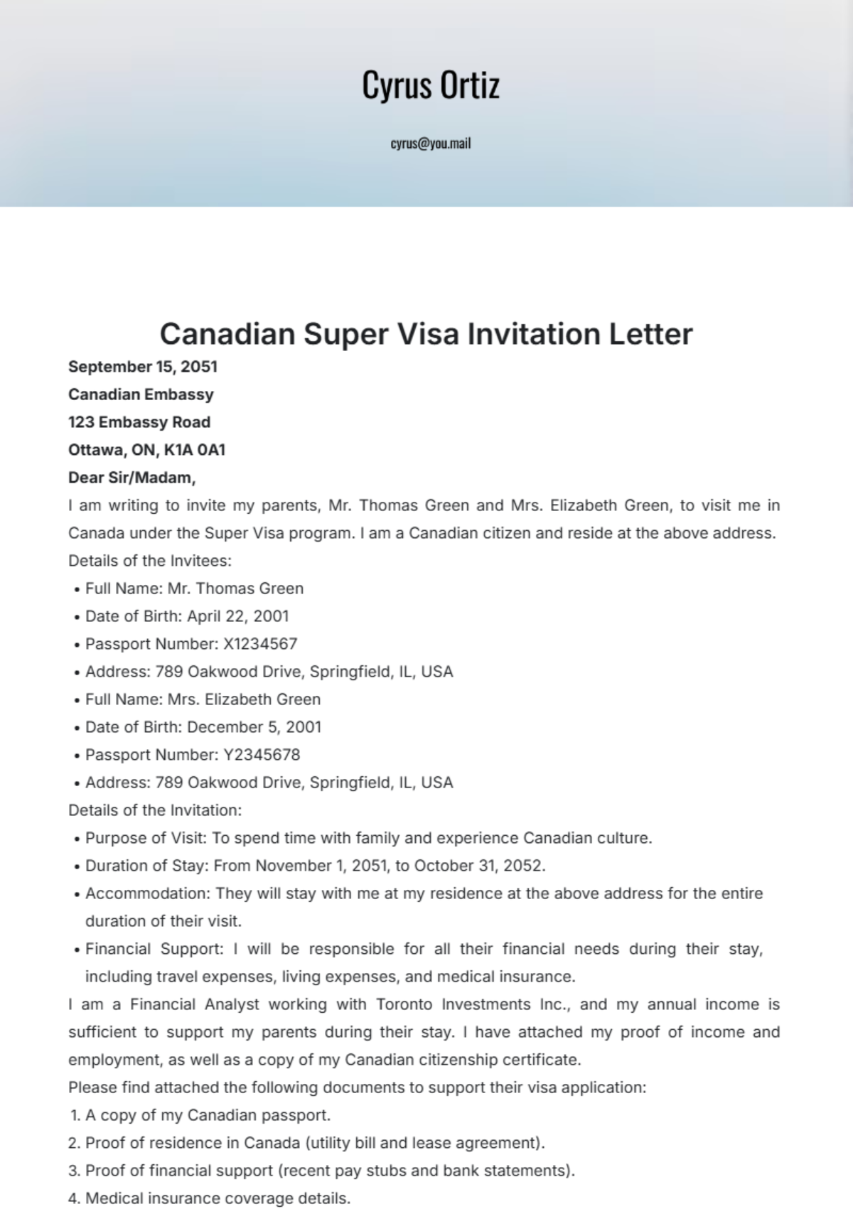 Free Canadian Super Visa Invitation Letter Template To Edit Online