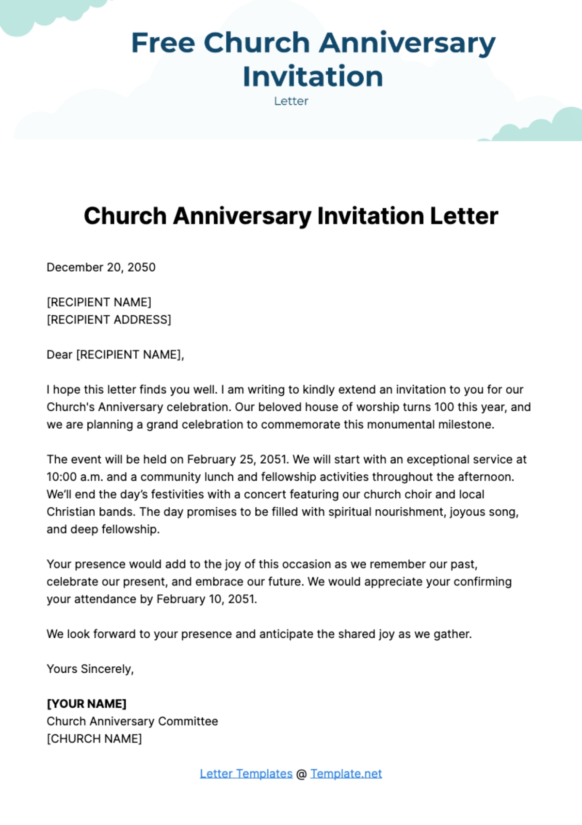 Free Church Anniversary Invitation Letter Template To Edit Online