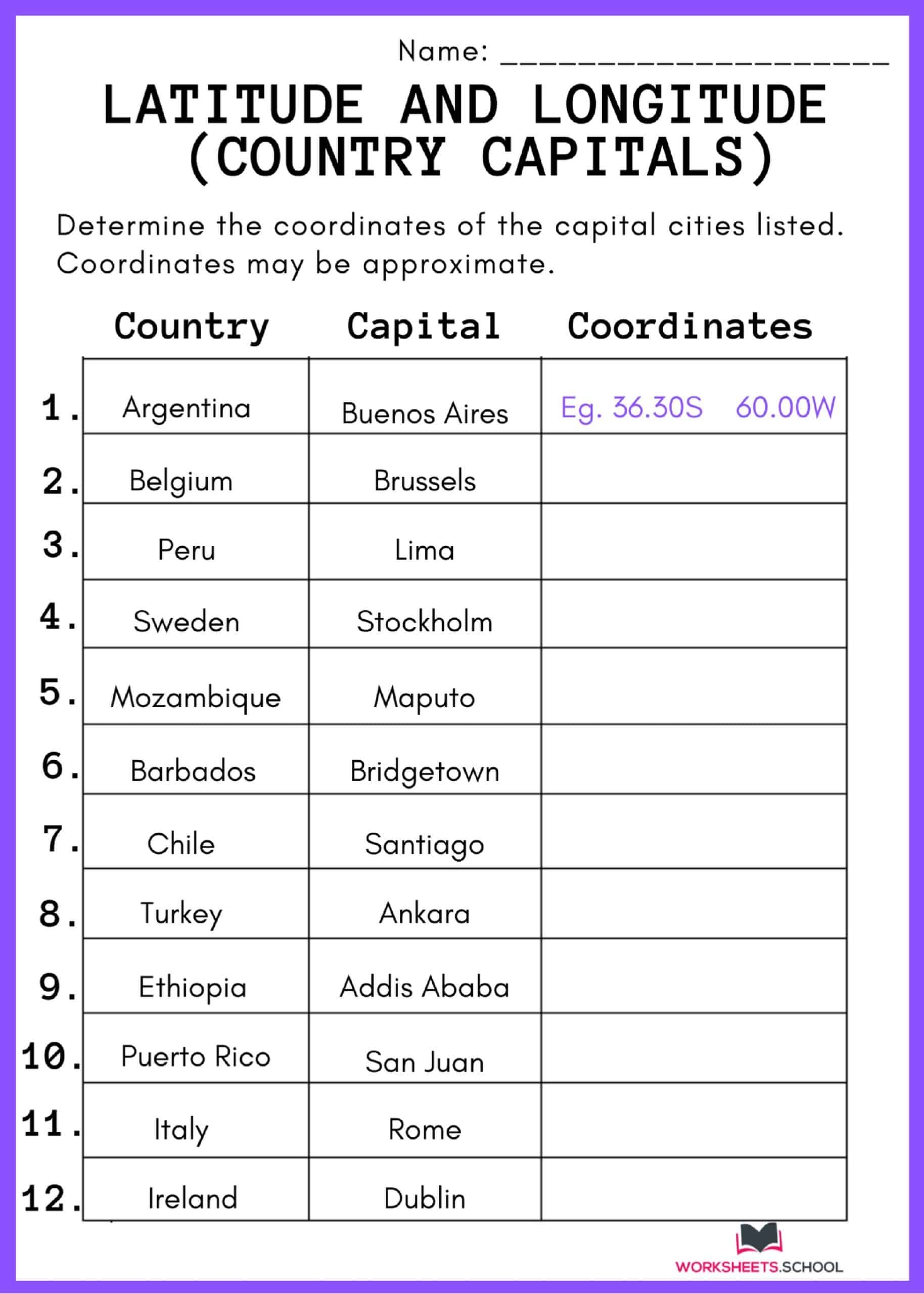 latitude and longitude worksheet