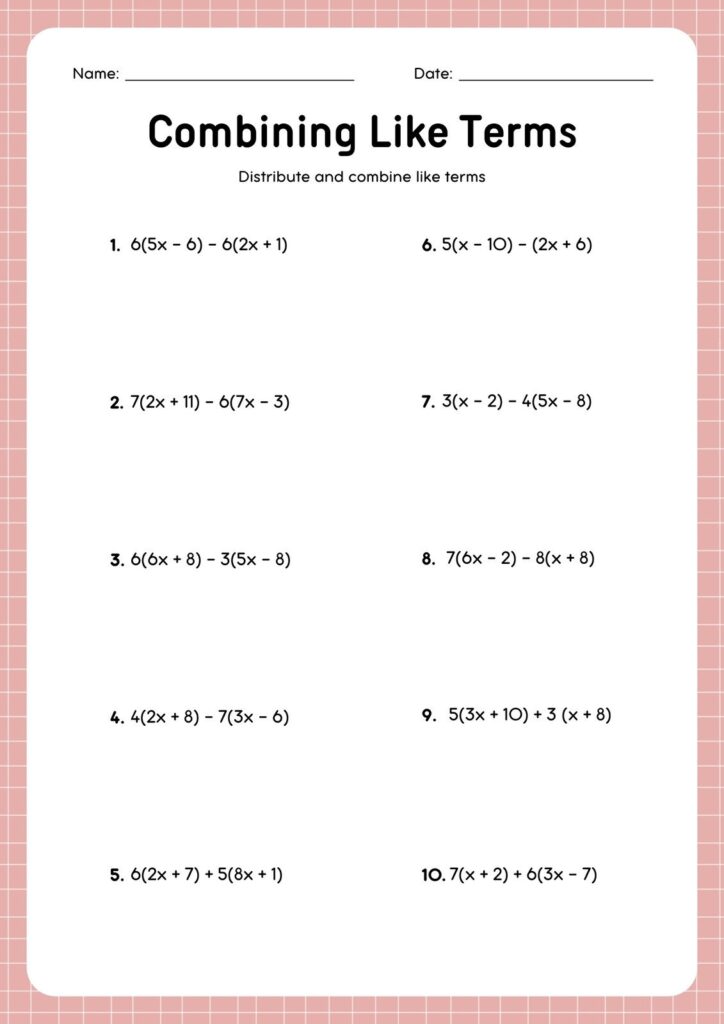 Free Custom Combining Like Terms Worksheet Templates Canva