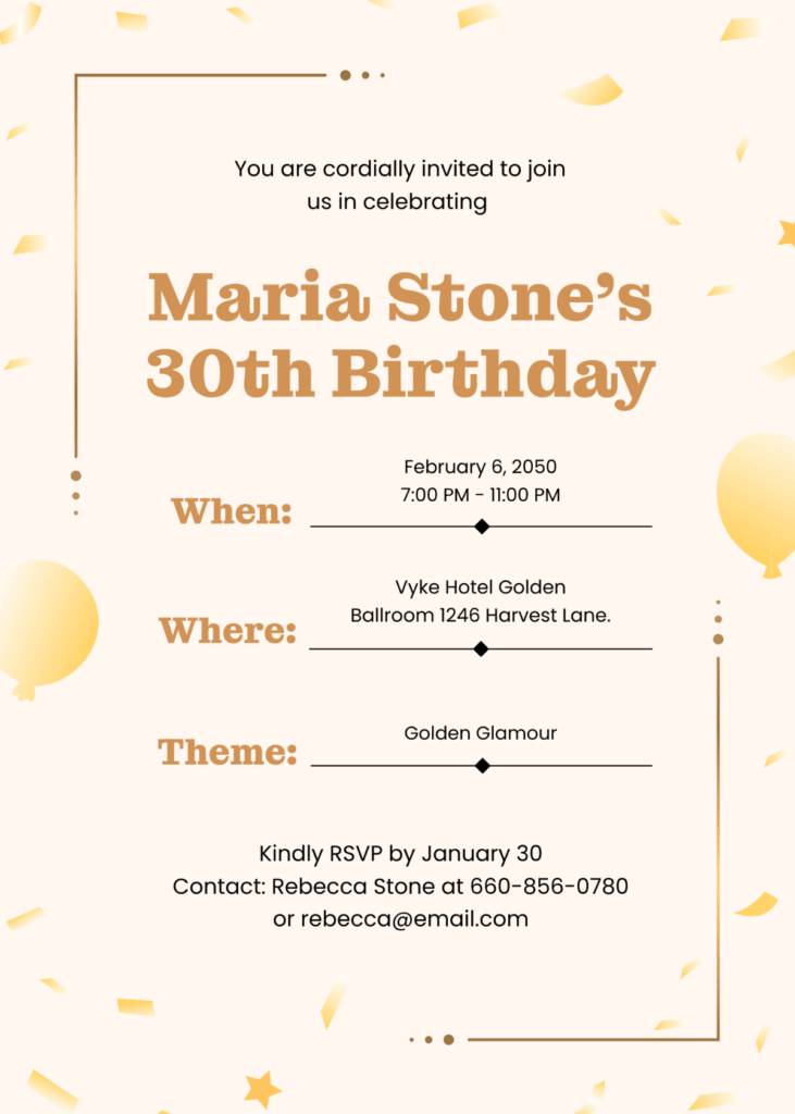 Free Golden 30th Birthday Invitation Template To Edit Online