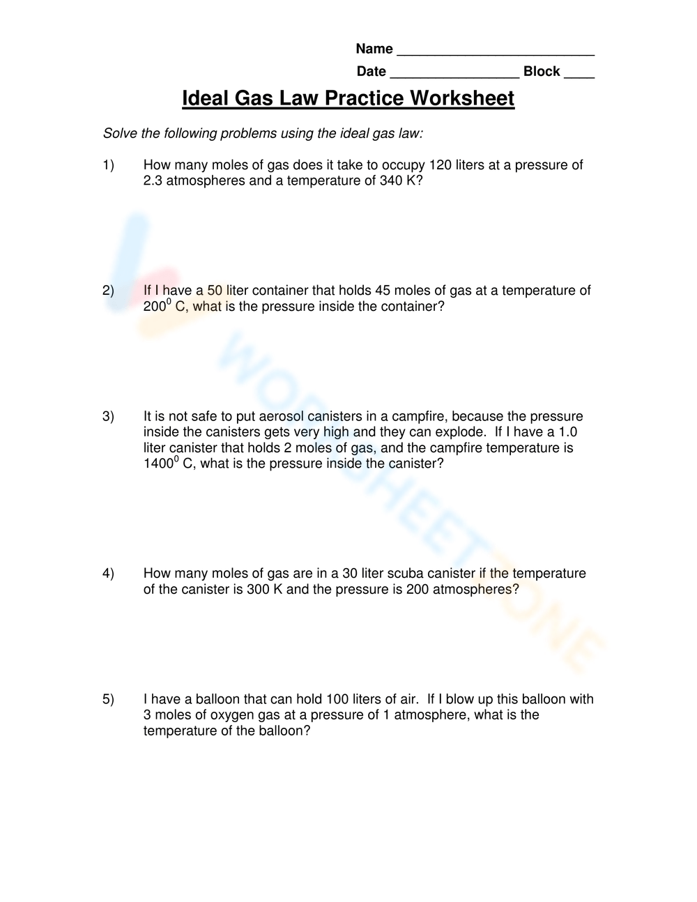 Free Printable Ideal Gas Law Worksheets For Students Worksheets Library