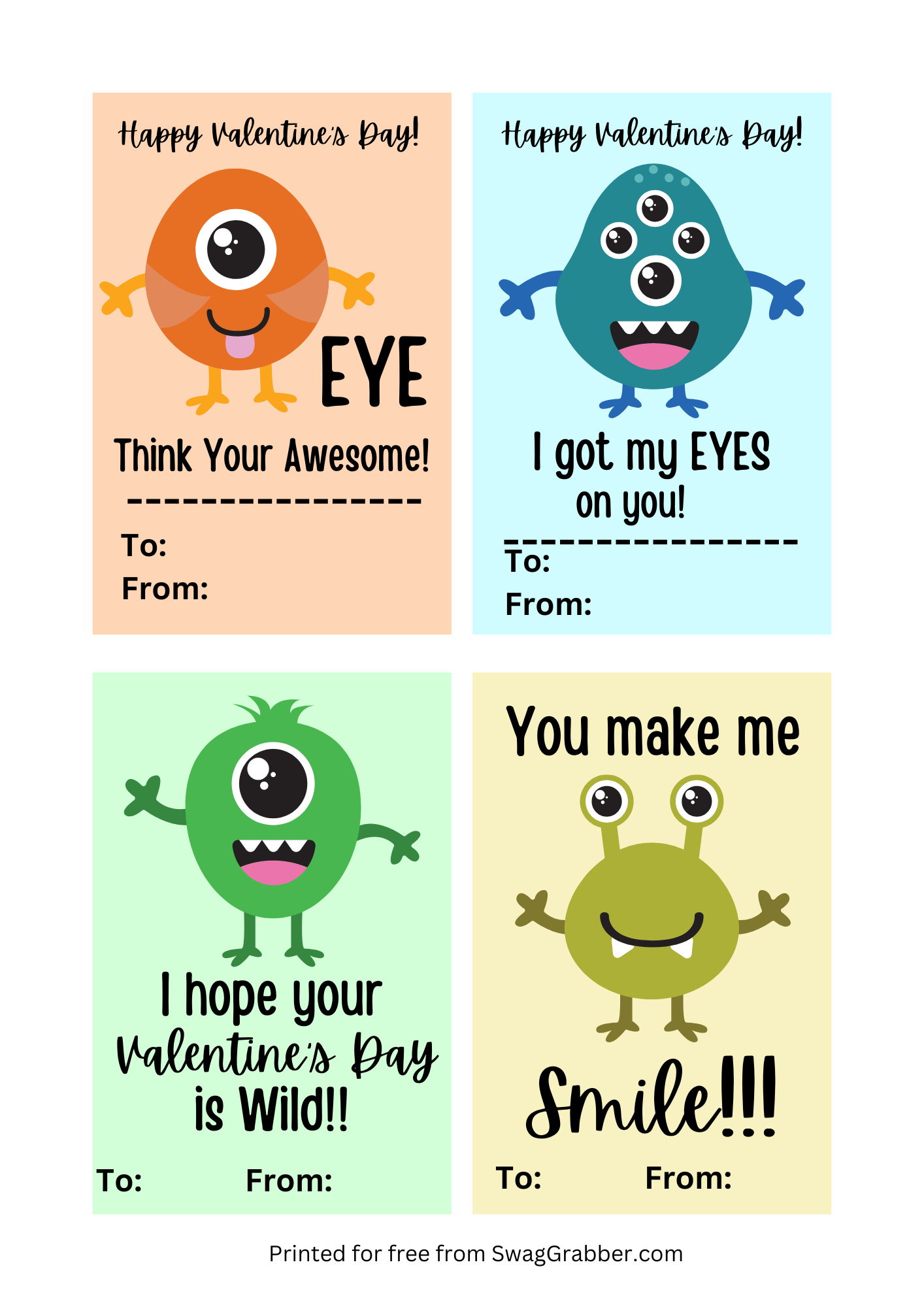 Free Printable Kids Valentine 39 s Day Monster Cards SwagGrabber